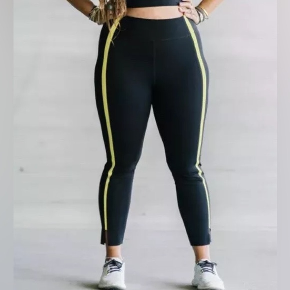 Zyia Active High Waisted Black Neon Yellow Stripe Yoga Leggings Tights 14-16